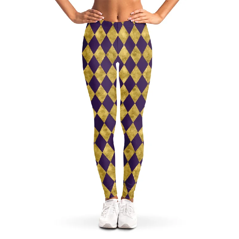 Purple And Gold Harlequin Pattern Print Women's Leggings Elegant Sheer Leggings