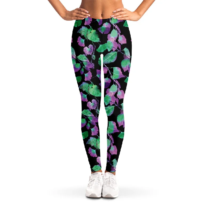 Purple And Green Leaf Pattern Print Women's Leggings Trendy Faux Suede Leggings
