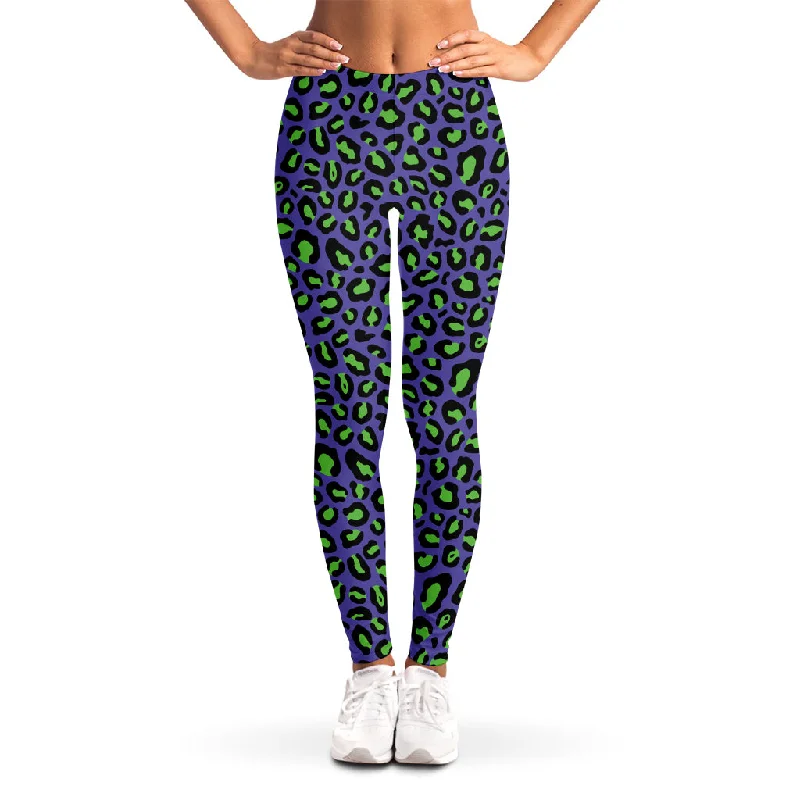 Purple And Green Leopard Pattern Print Women's Leggings Stylish Compression Fit Leggings Purple And Green Leopard Pattern Print Women's Leggings Stylish Compression Fit Leggings