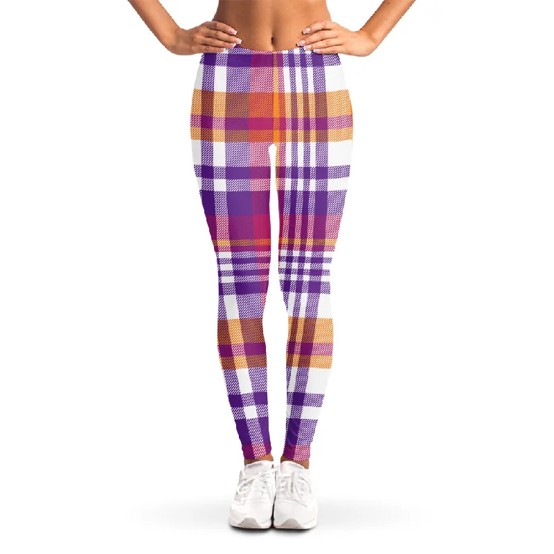 Purple And Orange Madras Plaid Print Women's Leggings Elegant Animal Print Leggings