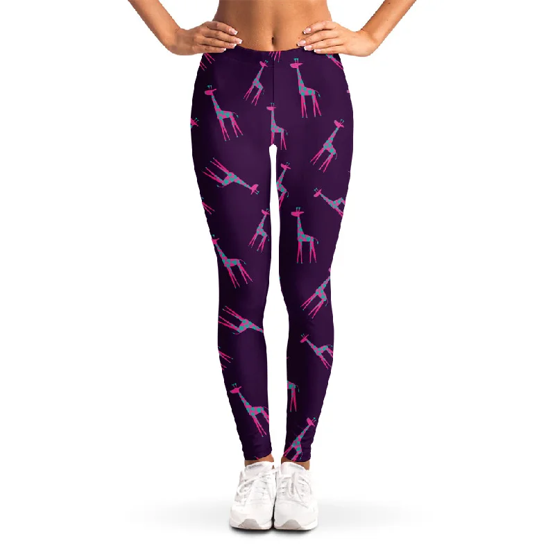 Purple And Teal Giraffe Pattern Print Women's Leggings Fashionable High-Rise Workout Leggings Purple And Teal Giraffe Pattern Print Women's Leggings Fashionable High-Rise Workout Leggings