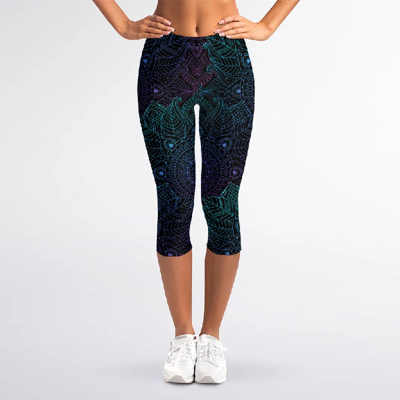 Purple And Teal Mandala Print Women's Capri Leggings Cozy Cotton Leggings