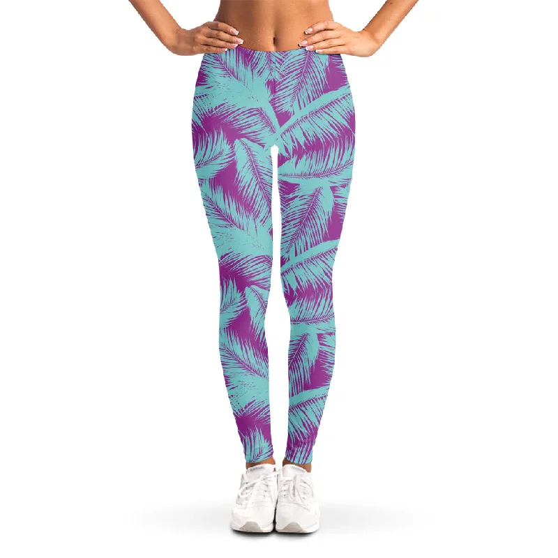 Purple And Teal Tropical Leaf Print Women's Leggings Stylish Winter-Ready Leggings