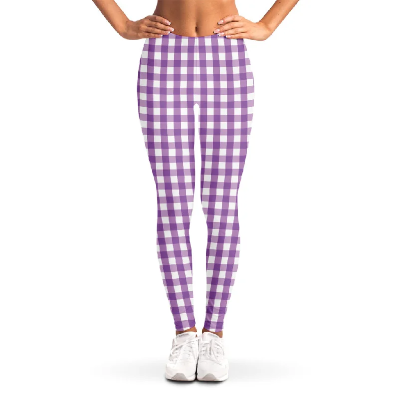 Purple And White Check Pattern Print Women's Leggings Comfortable Ribbed Waistband Leggings Purple And White Check Pattern Print Women's Leggings Comfortable Ribbed Waistband Leggings