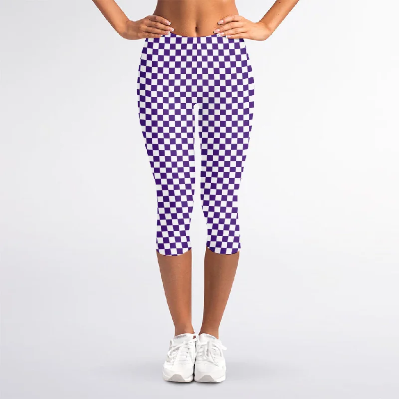Purple And White Checkered Pattern Print Women's Capri Leggings Fashionable Printed Leggings Purple And White Checkered Pattern Print Women's Capri Leggings Fashionable Printed Leggings