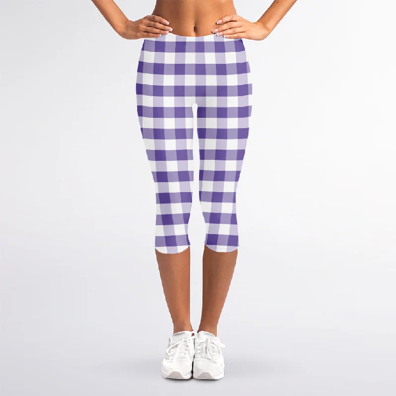Purple And White Gingham Pattern Print Women's Capri Leggings Comfortable Ribbed Sports Leggings Purple And White Gingham Pattern Print Women's Capri Leggings Comfortable Ribbed Sports Leggings