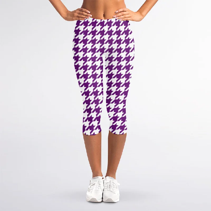 Purple And White Houndstooth Print Women's Capri Leggings Stylish High-Waisted Leggings Purple And White Houndstooth Print Women's Capri Leggings Stylish High-Waisted Leggings