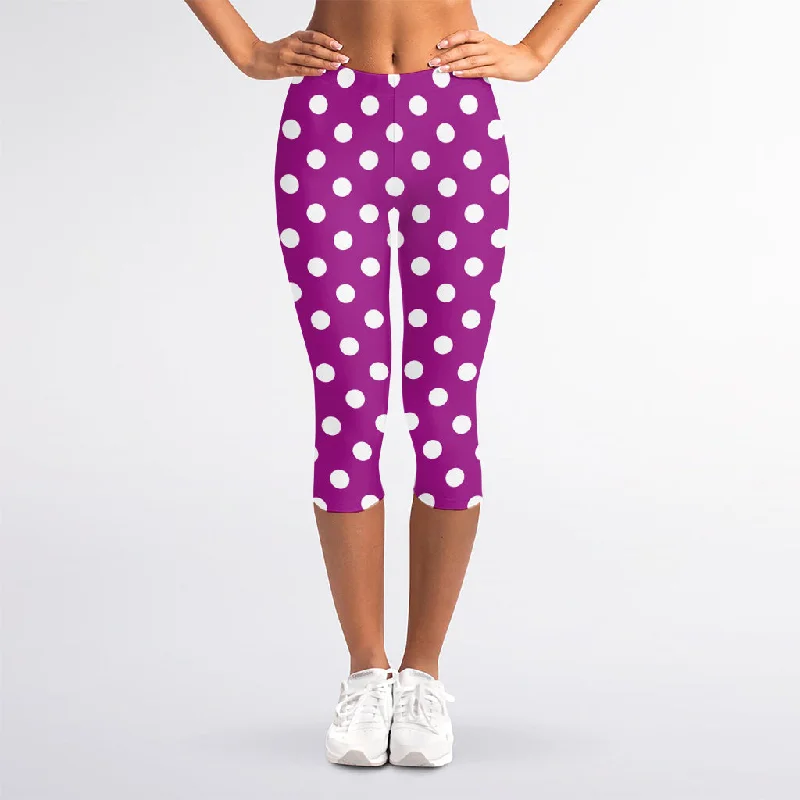 Purple And White Polka Dot Pattern Print Women's Capri Leggings Comfortable Wide-Band Leggings