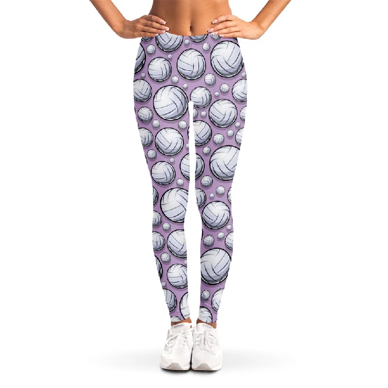 Purple And White Volleyball Print Women's Leggings Trendy Foil Finish Leggings