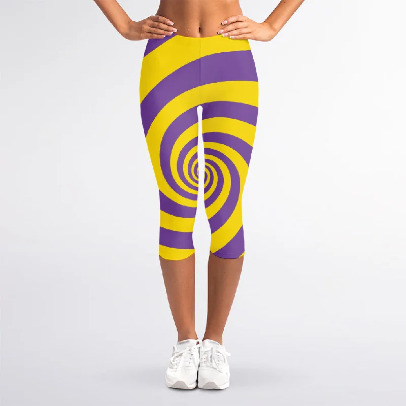 Purple And Yellow Spiral Illusion Print Women's Capri Leggings Cozy Mid-Rise Workout Leggings Purple And Yellow Spiral Illusion Print Women's Capri Leggings Cozy Mid-Rise Workout Leggings