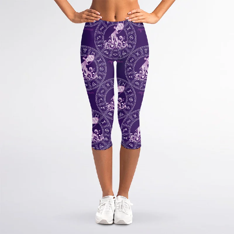 Purple Aquarius Zodiac Pattern Print Women's Capri Leggings Stylish Ultra Stretch Leggings Purple Aquarius Zodiac Pattern Print Women's Capri Leggings Stylish Ultra Stretch Leggings