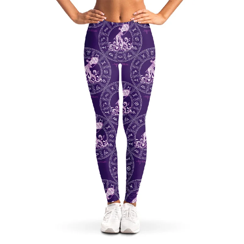 Purple Aquarius Zodiac Pattern Print Women's Leggings Fashionable Sports Leggings