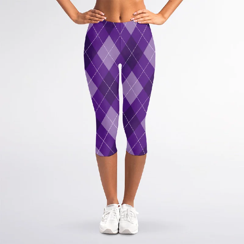 Purple Argyle Pattern Print Women's Capri Leggings Fashionable Quick-Dry Yoga Pants