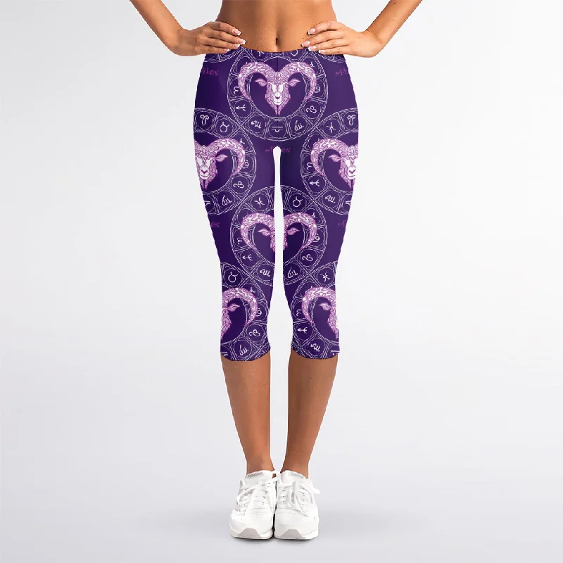 Purple Aries Zodiac Pattern Print Women's Capri Leggings Comfortable Sports Performance Tights Purple Aries Zodiac Pattern Print Women's Capri Leggings Comfortable Sports Performance Tights