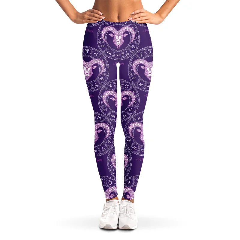 Purple Aries Zodiac Pattern Print Women's Leggings Casual Black Leggings