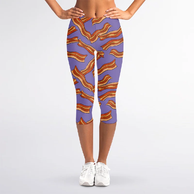 Purple Bacon Pattern Print Women's Capri Leggings Stylish Colorful Activewear Leggings Purple Bacon Pattern Print Women's Capri Leggings Stylish Colorful Activewear Leggings