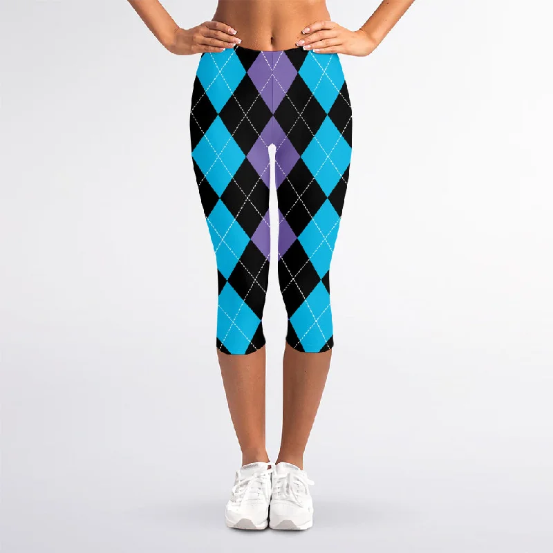 Purple Black And Blue Argyle Print Women's Capri Leggings Elegant Sheer Leggings