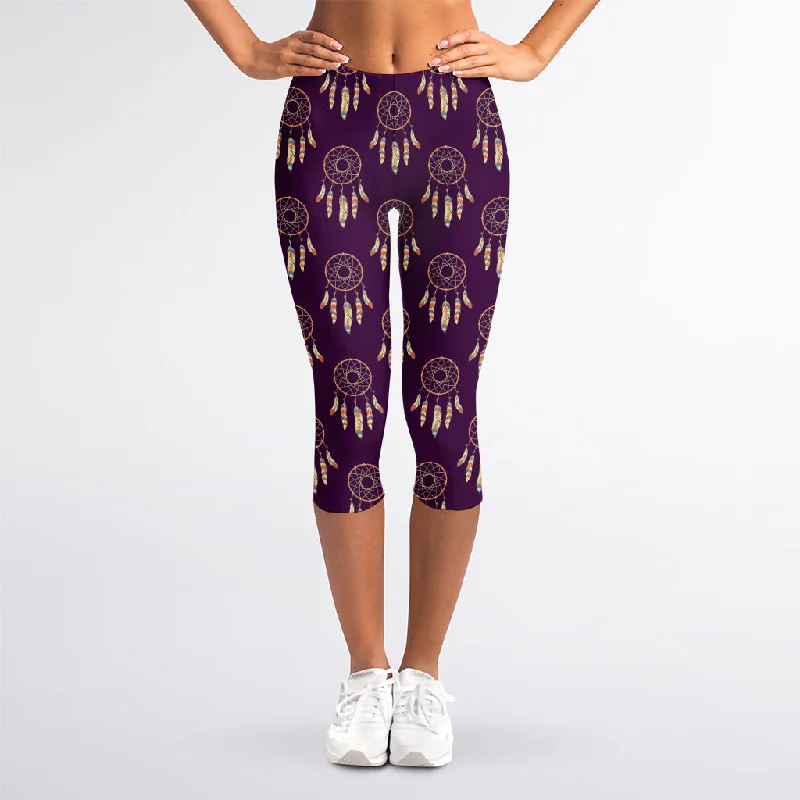Purple Boho Dream Catcher Pattern Print Women's Capri Leggings Fashionable Ribbed Knit Leggings Purple Boho Dream Catcher Pattern Print Women's Capri Leggings Fashionable Ribbed Knit Leggings