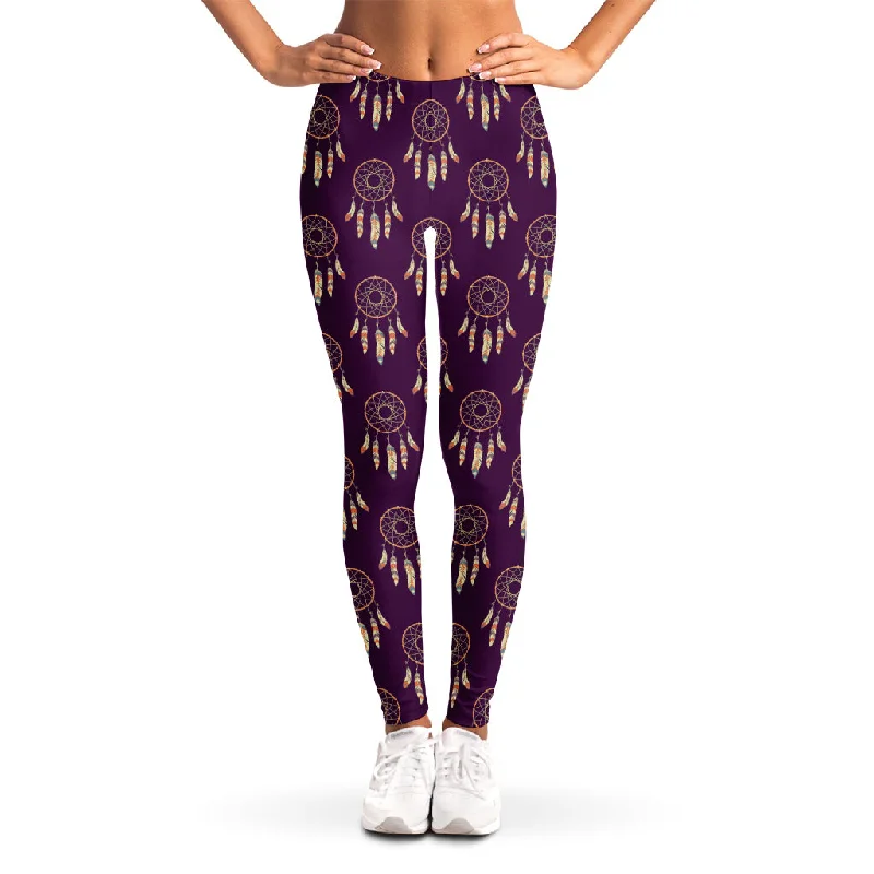 Purple Boho Dream Catcher Pattern Print Women's Leggings Trendy Tie-Dye Leggings