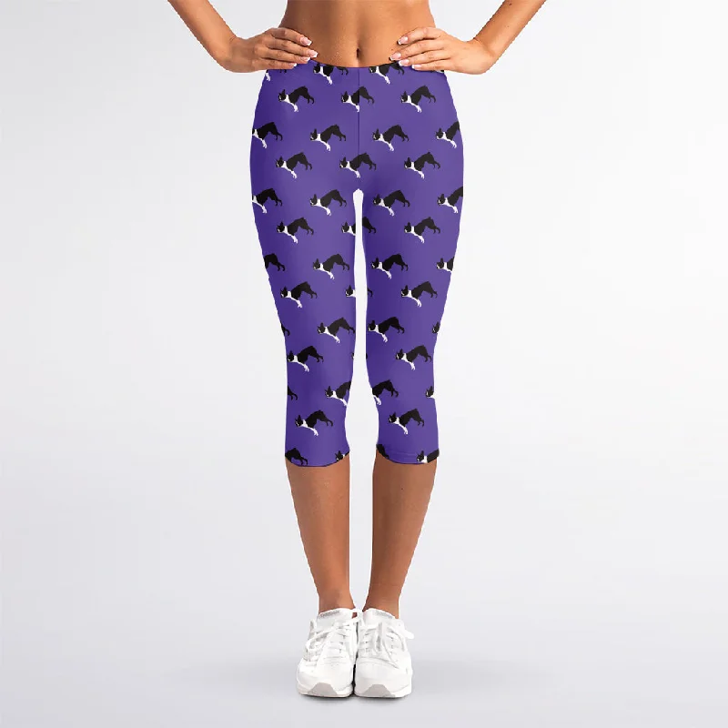 Purple Boston Terrier Pattern Print Women's Capri Leggings Fashionable Stretchy Fit Leggings Purple Boston Terrier Pattern Print Women's Capri Leggings Fashionable Stretchy Fit Leggings