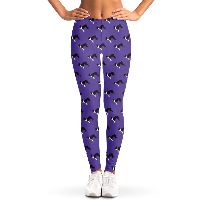 Purple Boston Terrier Pattern Print Women's Leggings Stylish Stretch-Waist Leggings