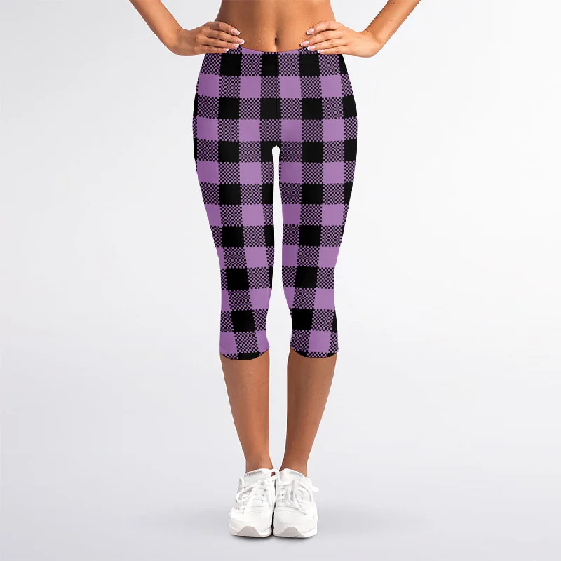Purple Buffalo Plaid Print Women's Capri Leggings Trendy Seamless Sports Leggings