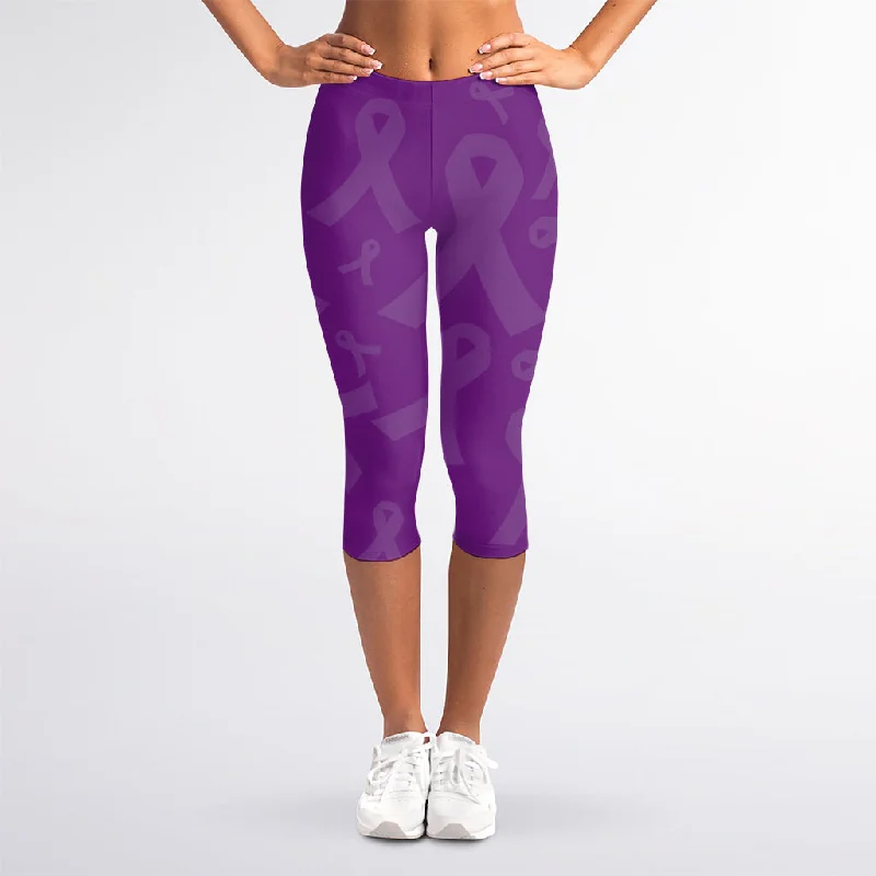 Purple Cancer Awareness Ribbon Print Women's Capri Leggings Comfortable Bootcut Workout Leggings Purple Cancer Awareness Ribbon Print Women's Capri Leggings Comfortable Bootcut Workout Leggings