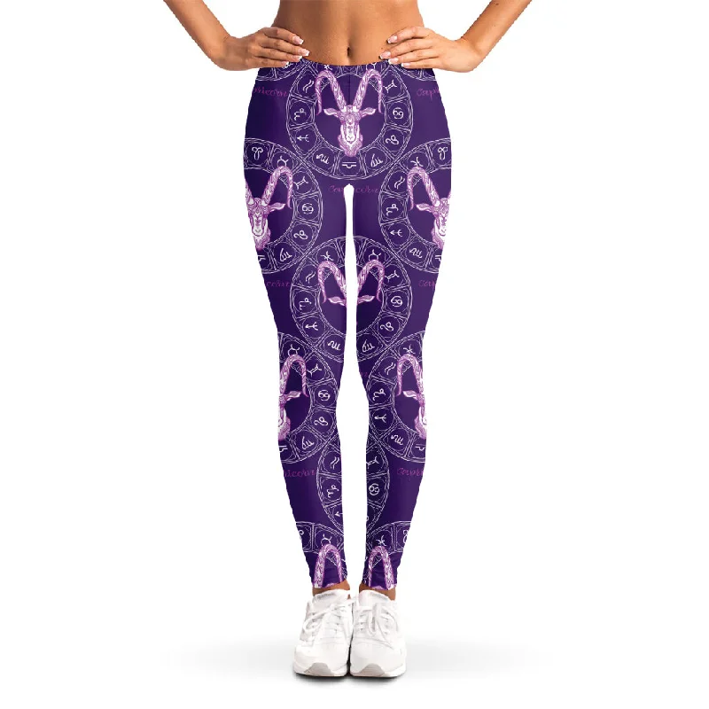 Purple Capricorn Zodiac Pattern Print Women's Leggings Chic Floral Print Leggings