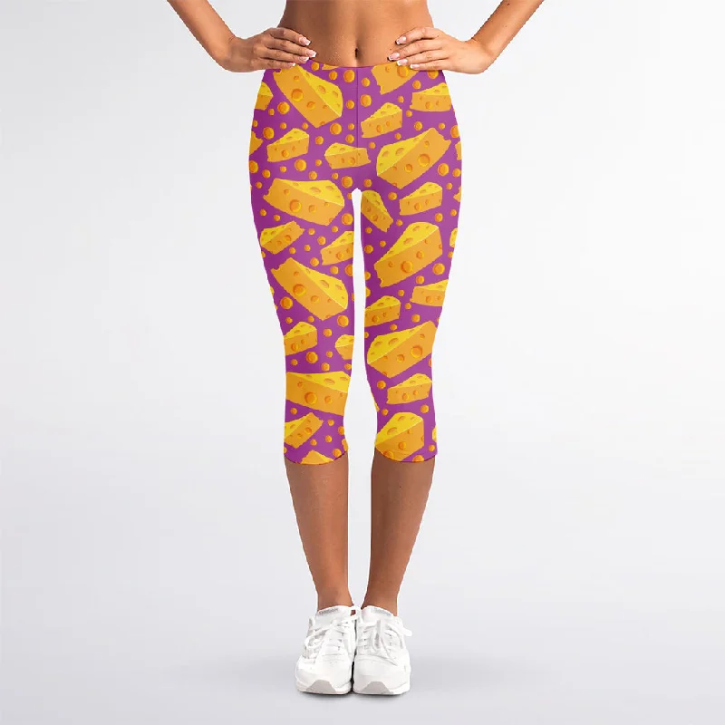 Purple Cheese And Holes Pattern Print Women's Capri Leggings Stylish Compression Fit Leggings Purple Cheese And Holes Pattern Print Women's Capri Leggings Stylish Compression Fit Leggings