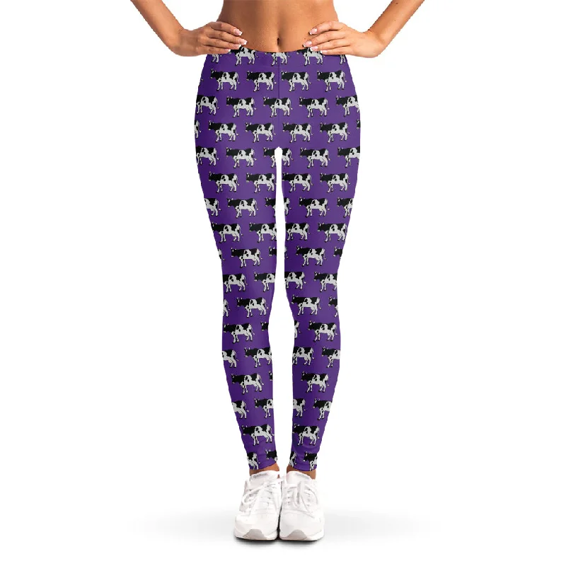 Purple Cow Pattern Print Women's Leggings Cozy Ribbed Leggings