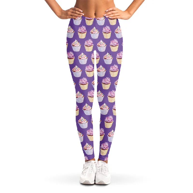 Purple Cupcake Pattern Print Women's Leggings Stylish Printed Stretch Leggings
