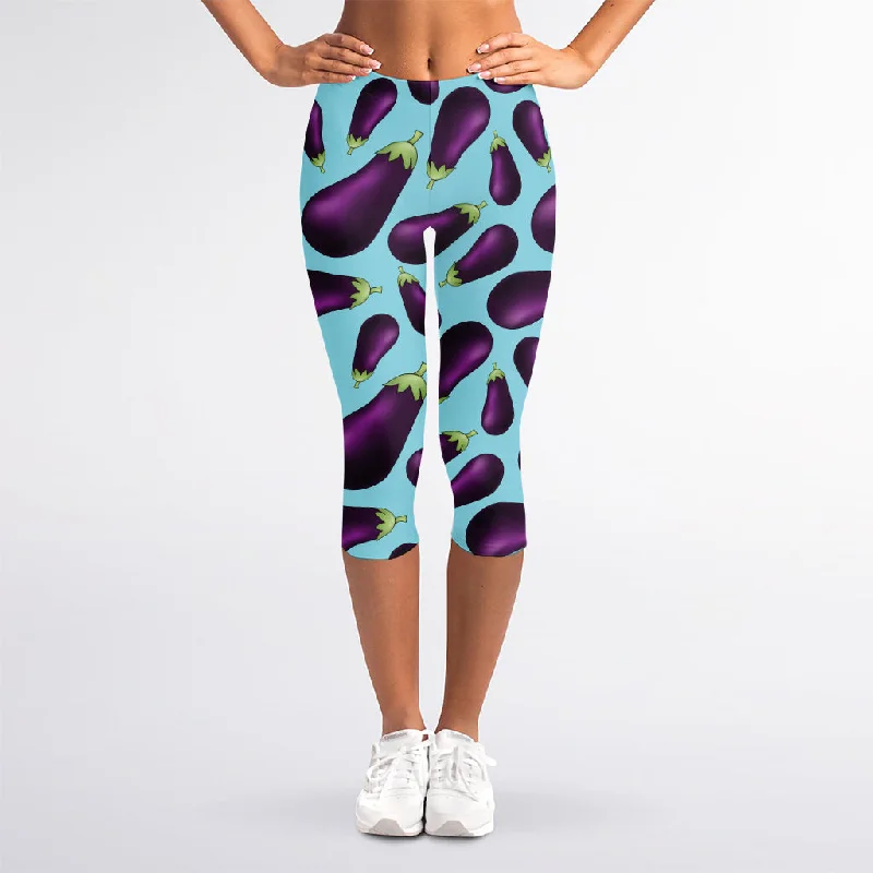 Purple Eggplant Pattern Print Women's Capri Leggings Fashionable Plus-Size Activewear Purple Eggplant Pattern Print Women's Capri Leggings Fashionable Plus-Size Activewear