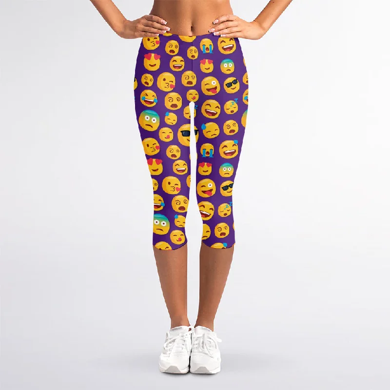 Purple Emoji Pattern Print Women's Capri Leggings Cozy Oversized Leggings