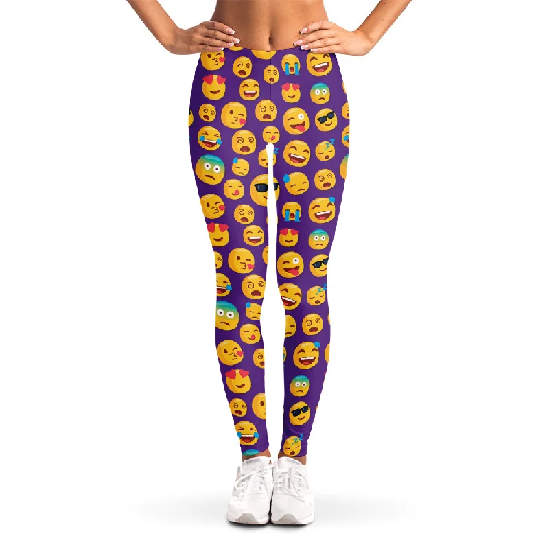 Purple Emoji Pattern Print Women's Leggings Comfortable Fleece-Lined Leggings