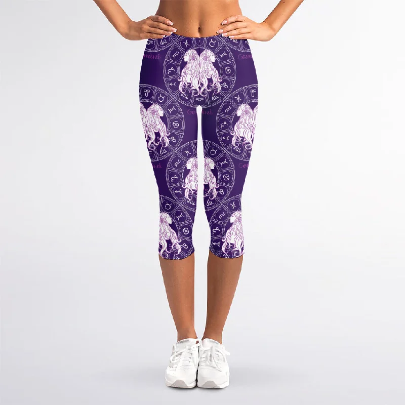 Purple Gemini Zodiac Pattern Print Women's Capri Leggings Elegant Textured Leggings