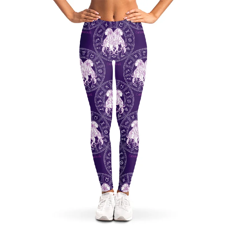 Purple Gemini Zodiac Pattern Print Women's Leggings Comfortable Wide-Band Leggings