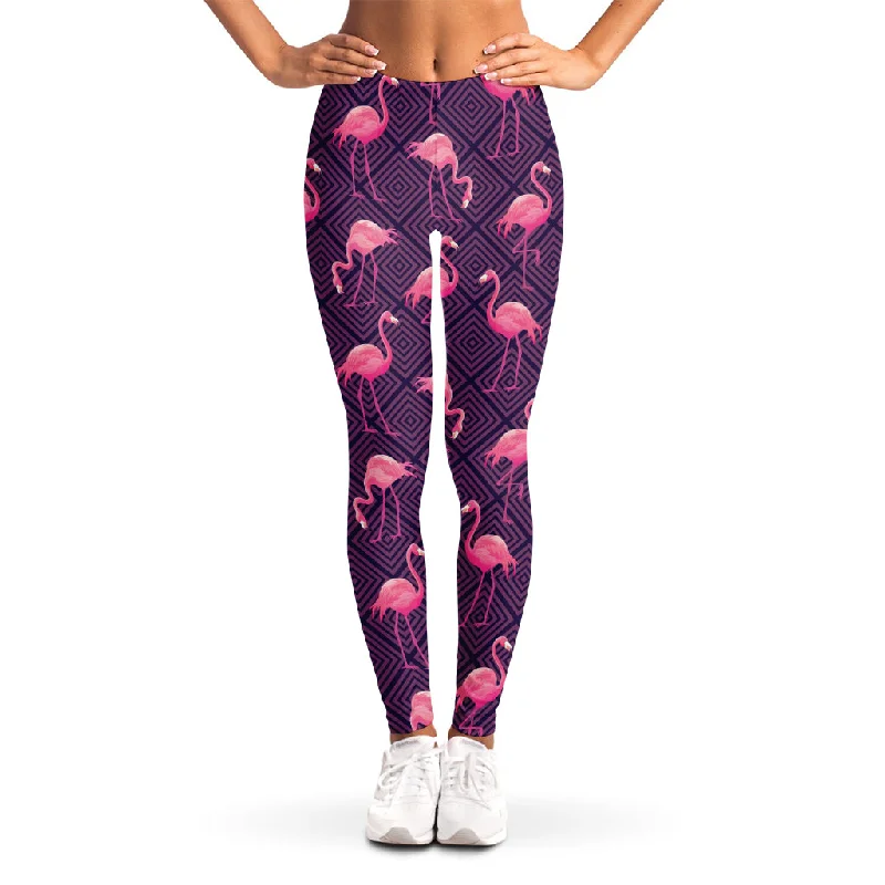 Purple Geometric Flamingo Pattern Print Women's Leggings Casual Sporty Leggings