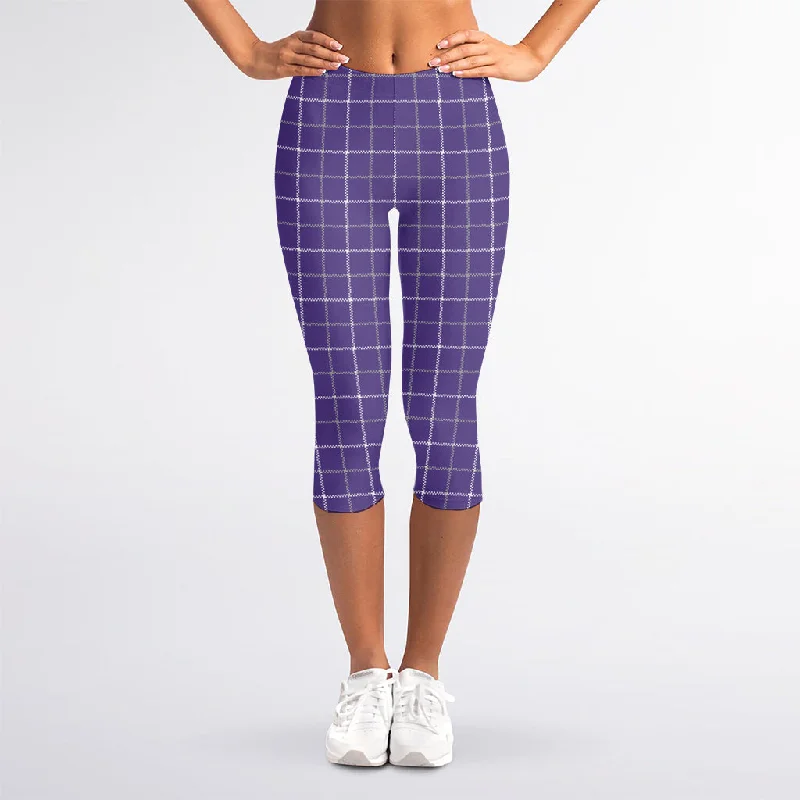 Purple Grey And White Tattersall Print Women's Capri Leggings Cozy Lounge Pants Leggings Purple Grey And White Tattersall Print Women's Capri Leggings Cozy Lounge Pants Leggings
