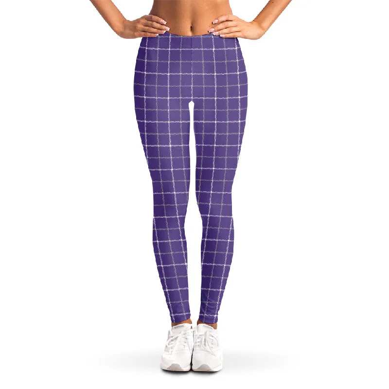 Purple Grey And White Tattersall Print Women's Leggings Comfortable Stretch Leggings