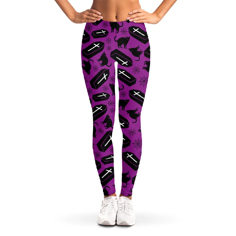 Purple Halloween Coffin Pattern Print Women's Leggings Stylish Printed Sport Leggings Purple Halloween Coffin Pattern Print Women's Leggings Stylish Printed Sport Leggings
