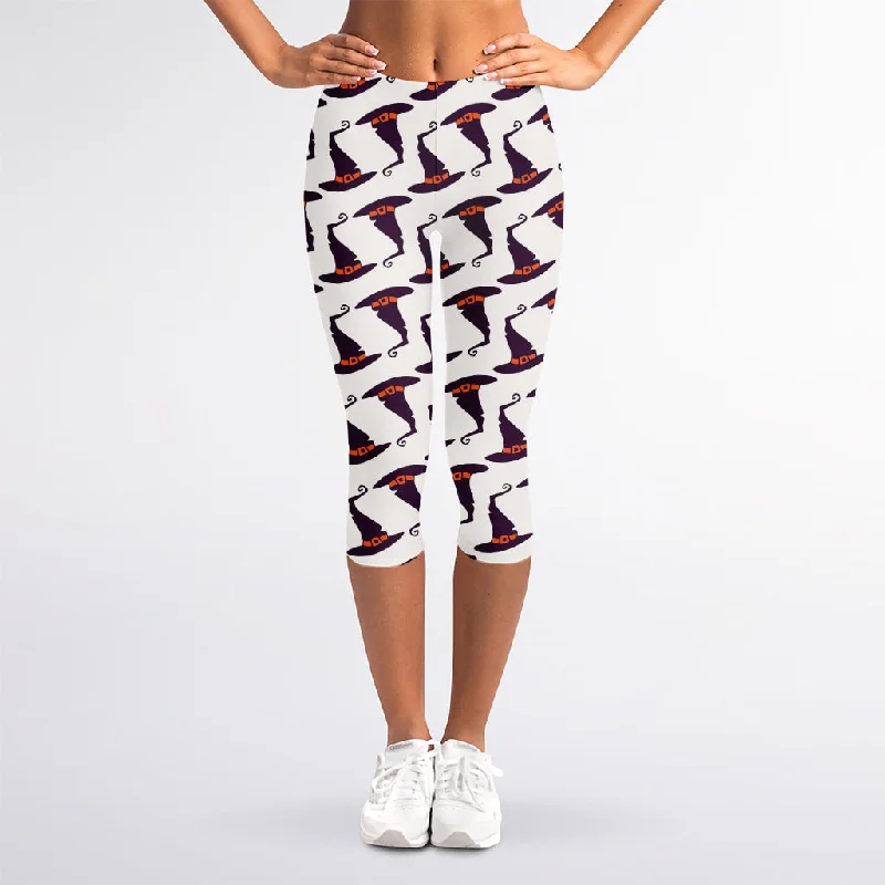 Purple Halloween Witch Hat Pattern Print Women's Capri Leggings Cozy Warmth Leggings Purple Halloween Witch Hat Pattern Print Women's Capri Leggings Cozy Warmth Leggings