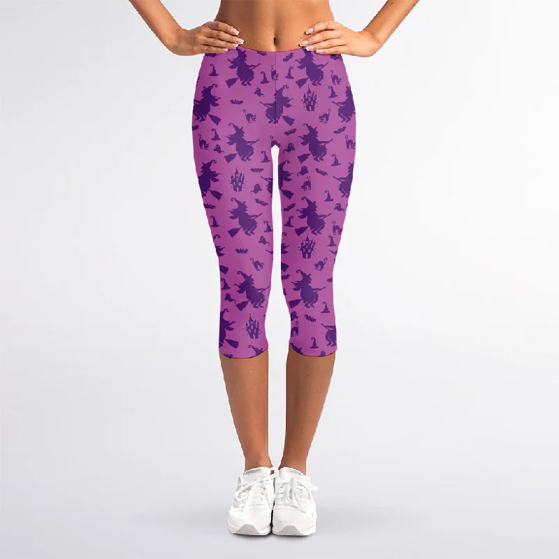 Purple Halloween Witch Pattern Print Women's Capri Leggings Trendy High-Waist Tummy Control Leggings Purple Halloween Witch Pattern Print Women's Capri Leggings Trendy High-Waist Tummy Control Leggings
