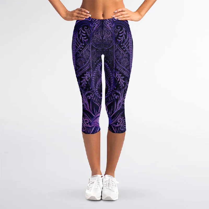 Purple Hamsa Hand Print Women's Capri Leggings Fashionable Solid Color Tights