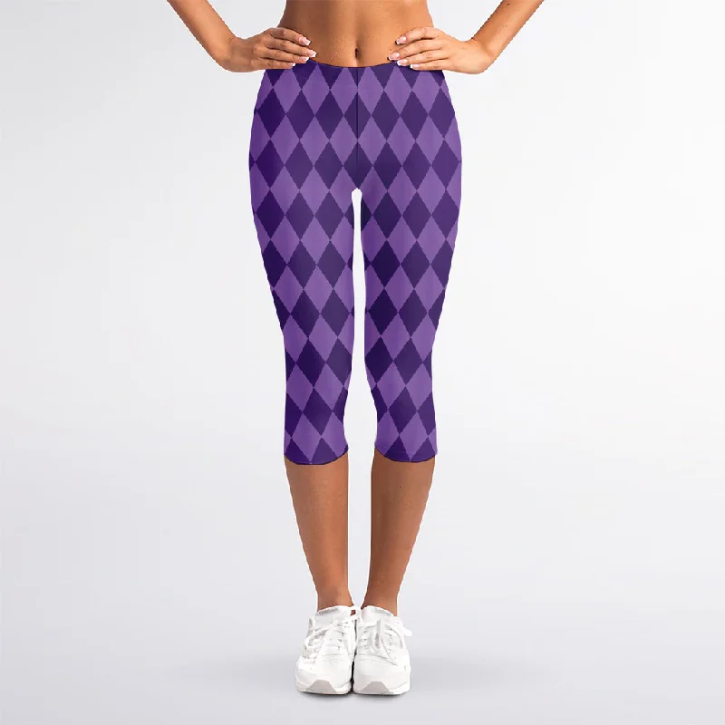 Purple Harlequin Pattern Print Women's Capri Leggings Fashionable Floral Active Leggings Purple Harlequin Pattern Print Women's Capri Leggings Fashionable Floral Active Leggings