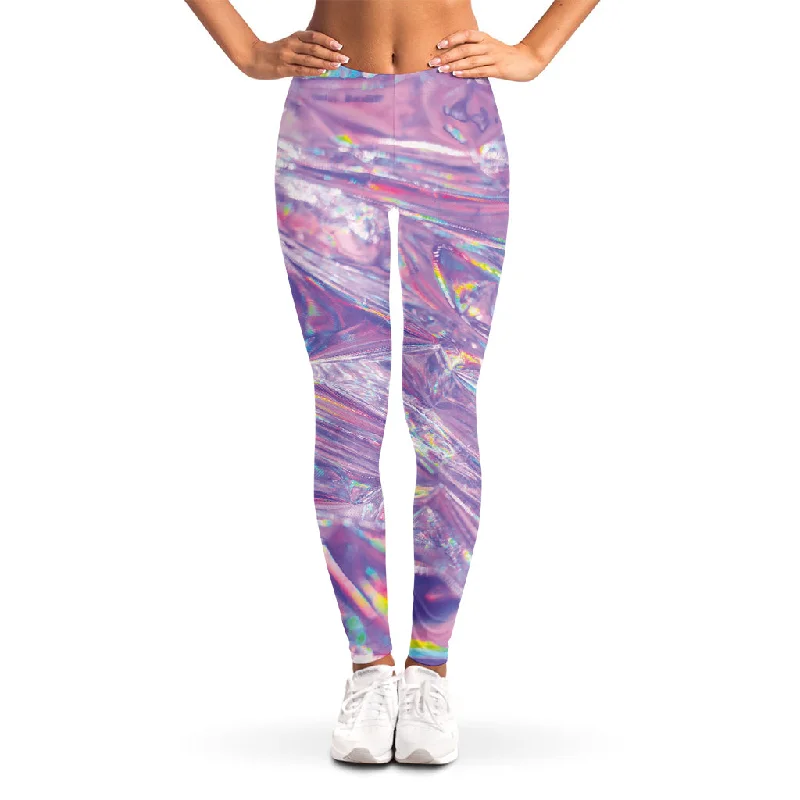 Purple Holographic Print Women's Leggings Elegant Printed Leggings with Pockets