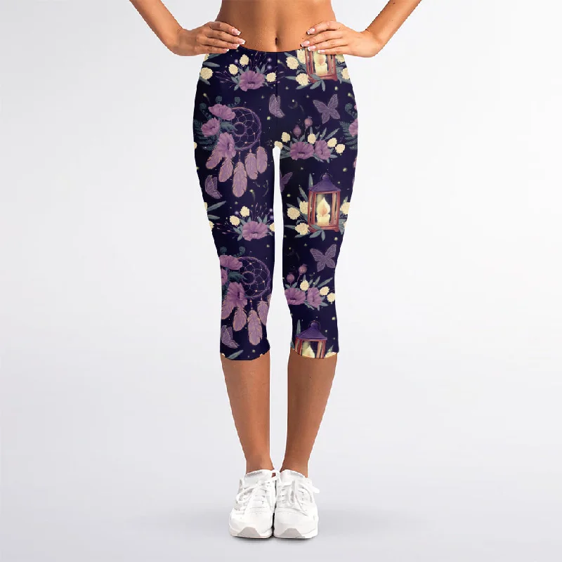 Purple Indian Dream Catcher Print Women's Capri Leggings Casual Black Leggings