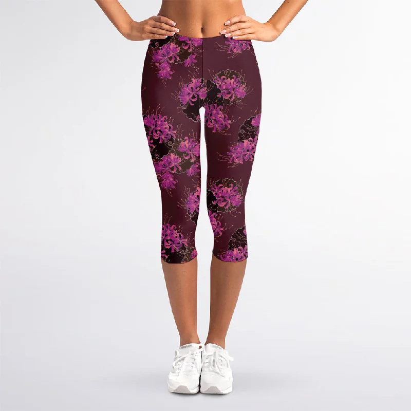 Purple Japanese Amaryllis Pattern Print Women's Capri Leggings Comfortable Lounge Leggings Purple Japanese Amaryllis Pattern Print Women's Capri Leggings Comfortable Lounge Leggings