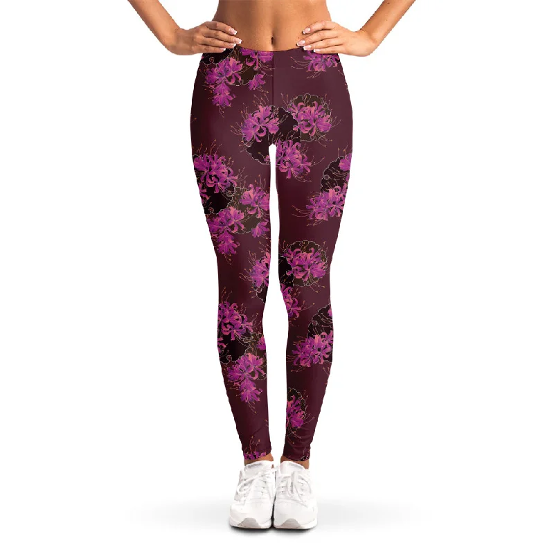 Purple Japanese Amaryllis Pattern Print Women's Leggings Elegant Sheer Leggings