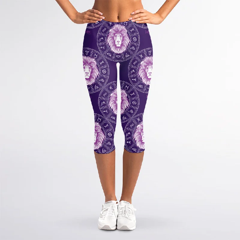 Purple Leo Zodiac Pattern Print Women's Capri Leggings Elegant Metallic Leggings