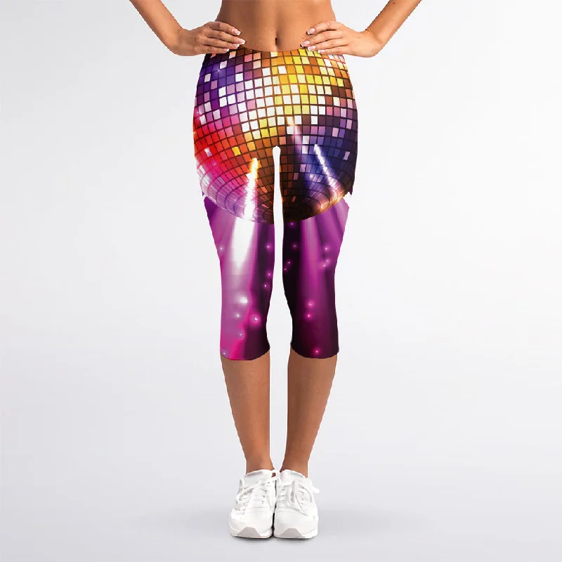 Purple Light Disco Ball Print Women's Capri Leggings Trendy Ombre Effect Leggings